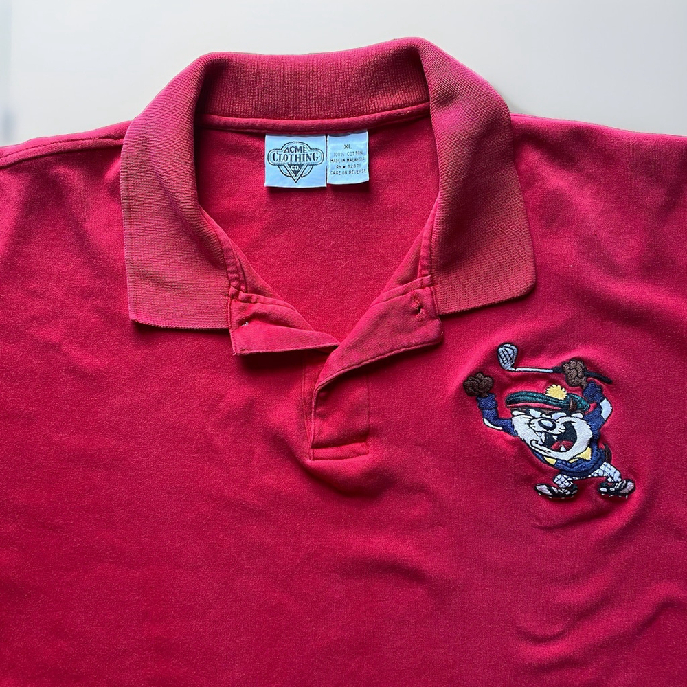Vintage 90s ACME Clothing Taz Golf Polo‎ Shirt Mens XL Red Looney Tunes